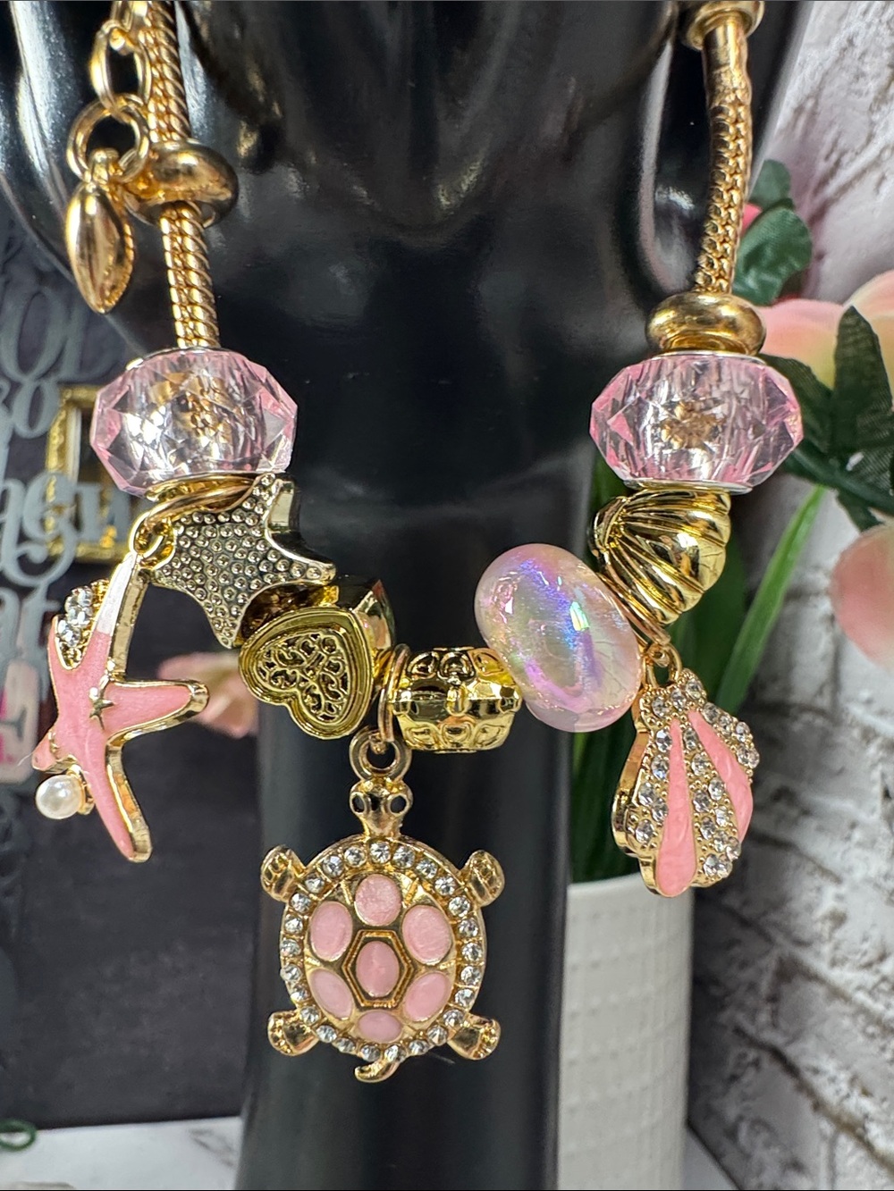 Gold & Pink Charm Bracelet Necklace - Women Jewelry